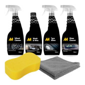 AA Car Essentials 4 x 750ml Car Cleaning Kit with Sponge, Microfibre Cloths, Wash Wax Shampoo, Alloy Wheel Cleaner, Tyre Shine and Glass Cleaner