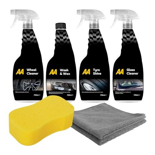 AA Car Essentials 4 x 750ml Car Cleaning Kit with Sponge, Microfibre Cloths, Wash Wax Shampoo, Alloy Wheel Cleaner, Tyre Shine and Glass Cleaner