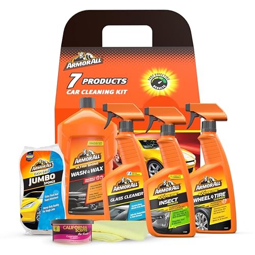 Armor All 7-Piece Car Cleaning Kit with Glass Cleaner, Wheel & Tyre Cleaner, Insect Remover, Car Wash & Wax, Jumbo Sponge, Microfibre Cloth and California Scents Air Freshener
