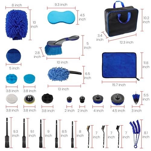 Bemece 29 Piece Car Detailing Kit with Brushes and Storage Bag, Blue-02-2