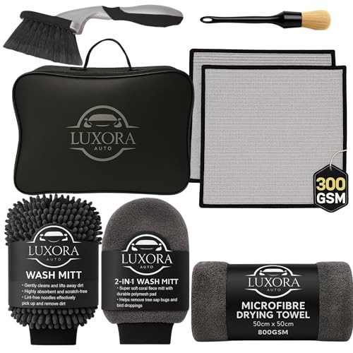 LUXORA AUTO Car Cleaning Kit with Microfibre Towels, Wash Mitts and 800GSM Drying Towel