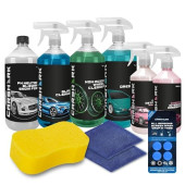 CARSHARK 9-piece car cleaning kit with snow foam, tyre dressing, wheel cleaner, interior dressing, quick detailer, glass cleaner, screenwash tabs, sponge and 2 microfibre cloths