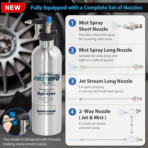 FIRSTINFO A1636K Refillable Brake Cleaner Spray Bottle, 650ml Stainless Steel Pressure Sprayer with 4 Nozzles-1