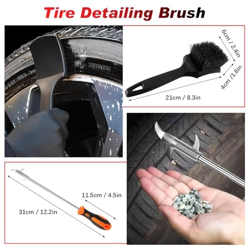 Kazaigou 6-Piece Car Wheel Cleaning Brush Kit with Microfiber Wheel Woolies, Wash Mitt and Stone Remover Hook-4