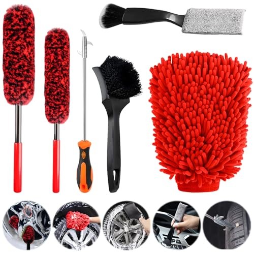 Kazaigou 6-Piece Car Wheel Cleaning Brush Kit with Microfiber Wheel Woolies, Wash Mitt and Stone Remover Hook