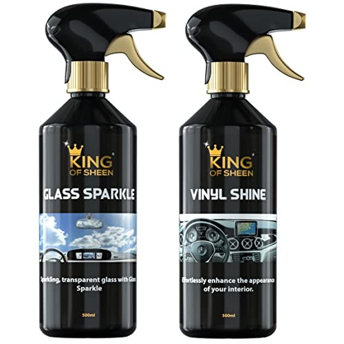 King of Sheen Interior Car Cleaning Kit with Vinyl Shine 500ml, Glass Sparkle 500ml and Professional Glass Microfibre Cloth-1