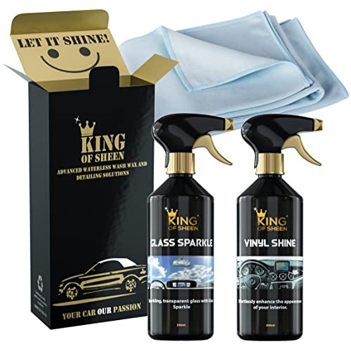 King of Sheen Interior Car Cleaning Kit with Vinyl Shine 500ml, Glass Sparkle 500ml and Professional Glass Microfibre Cloth