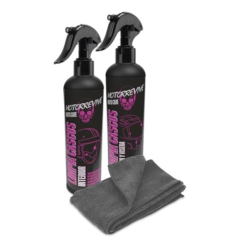 Motorrevive Motorcycle Helmet Cleaning Pack, 200ml Interior Cleaner + 200ml Exterior and Visor Cleaner with Microfibre Cloth-1