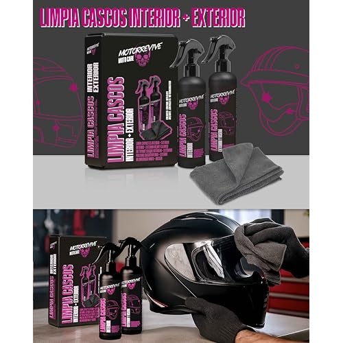 Motorrevive Motorcycle Helmet Cleaning Pack, 200ml Interior Cleaner + 200ml Exterior and Visor Cleaner with Microfibre Cloth-2