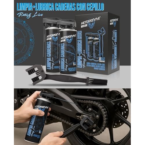 Motorrevive Racing Line motorcycle chain cleaning and lubrication pack, 380 ml cleaner + 380 ml lubricant with chain brush-1
