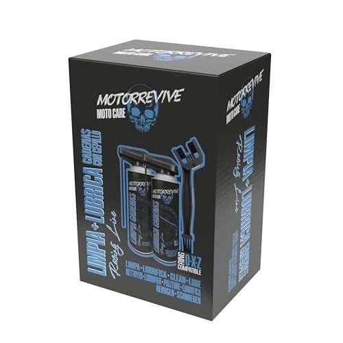 Motorrevive Racing Line motorcycle chain cleaning and lubrication pack, 380 ml cleaner + 380 ml lubricant with chain brush-10