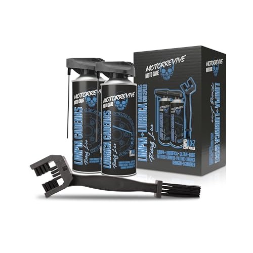 Motorrevive Racing Line motorcycle chain cleaning and lubrication pack, 380 ml cleaner + 380 ml lubricant with chain brush