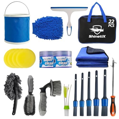 ShinetiX 22-Piece Car Cleaning Kit with Brushes, Bucket, Wash Mitt, Towels and Cleaning Gel
