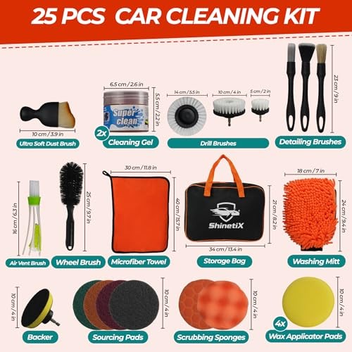 ShinetiX 25-Piece Car Cleaning and Detailing Kit with Drill Brushes, Interior Brushes, Cleaning Gel, Wash Mitt and Towel-1