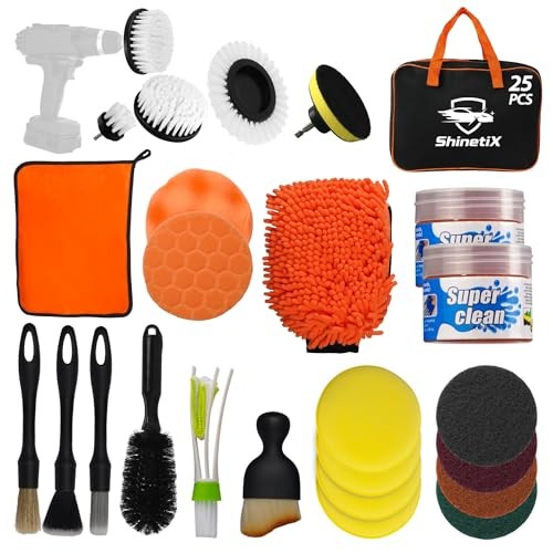 ShinetiX 25-Piece Car Cleaning and Detailing Kit with Drill Brushes, Interior Brushes, Cleaning Gel, Wash Mitt and Towel