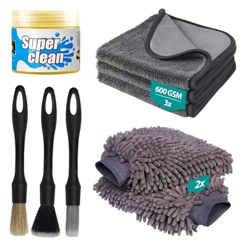 ShinetiX 9 Piece Car Cleaning Kit with 600 GSM Microfibre Towels, Wash Mitts, Brushes and Cleaning Gel