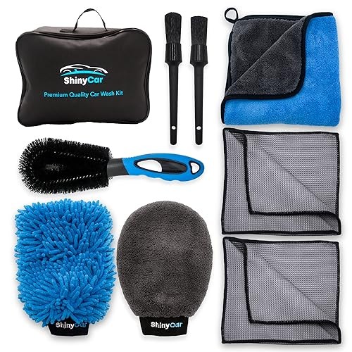 ShinyCar Premium Car Cleaning Kit with Bag, Wash Mitts, Microfibre Drying Towel, Waffle Cloths and Brushes