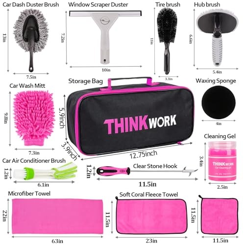 THINKWORK 17-Piece Car Cleaning Kit with Storage Box, Pink-6