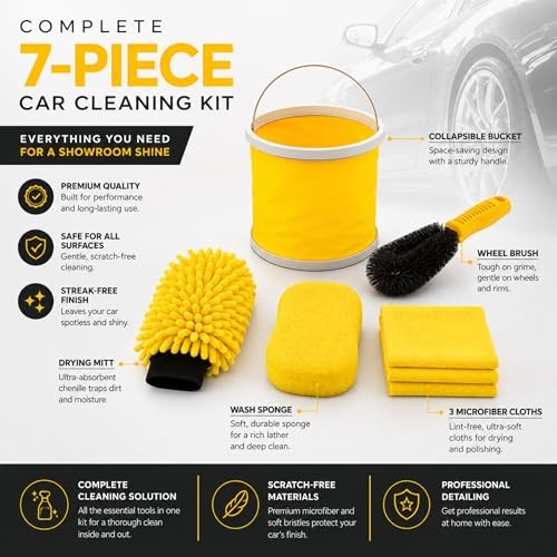 TUULKIT 7-Piece Car Cleaning Kit with Collapsible Bucket, Brush, Sponge, Drying Mitt and 3 Microfibre Cloths-1