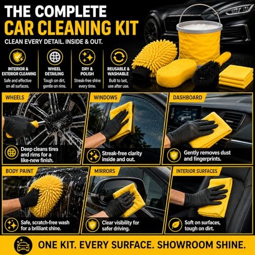 TUULKIT 7-Piece Car Cleaning Kit with Collapsible Bucket, Brush, Sponge, Drying Mitt and 3 Microfibre Cloths-3