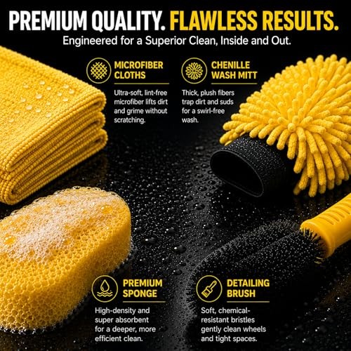 TUULKIT 7-Piece Car Cleaning Kit with Collapsible Bucket, Brush, Sponge, Drying Mitt and 3 Microfibre Cloths-5