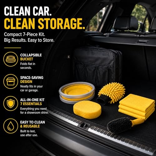 TUULKIT 7-Piece Car Cleaning Kit with Collapsible Bucket, Brush, Sponge, Drying Mitt and 3 Microfibre Cloths-6