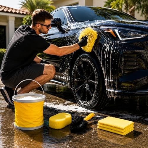 TUULKIT 7-Piece Car Cleaning Kit with Collapsible Bucket, Brush, Sponge, Drying Mitt and 3 Microfibre Cloths-7