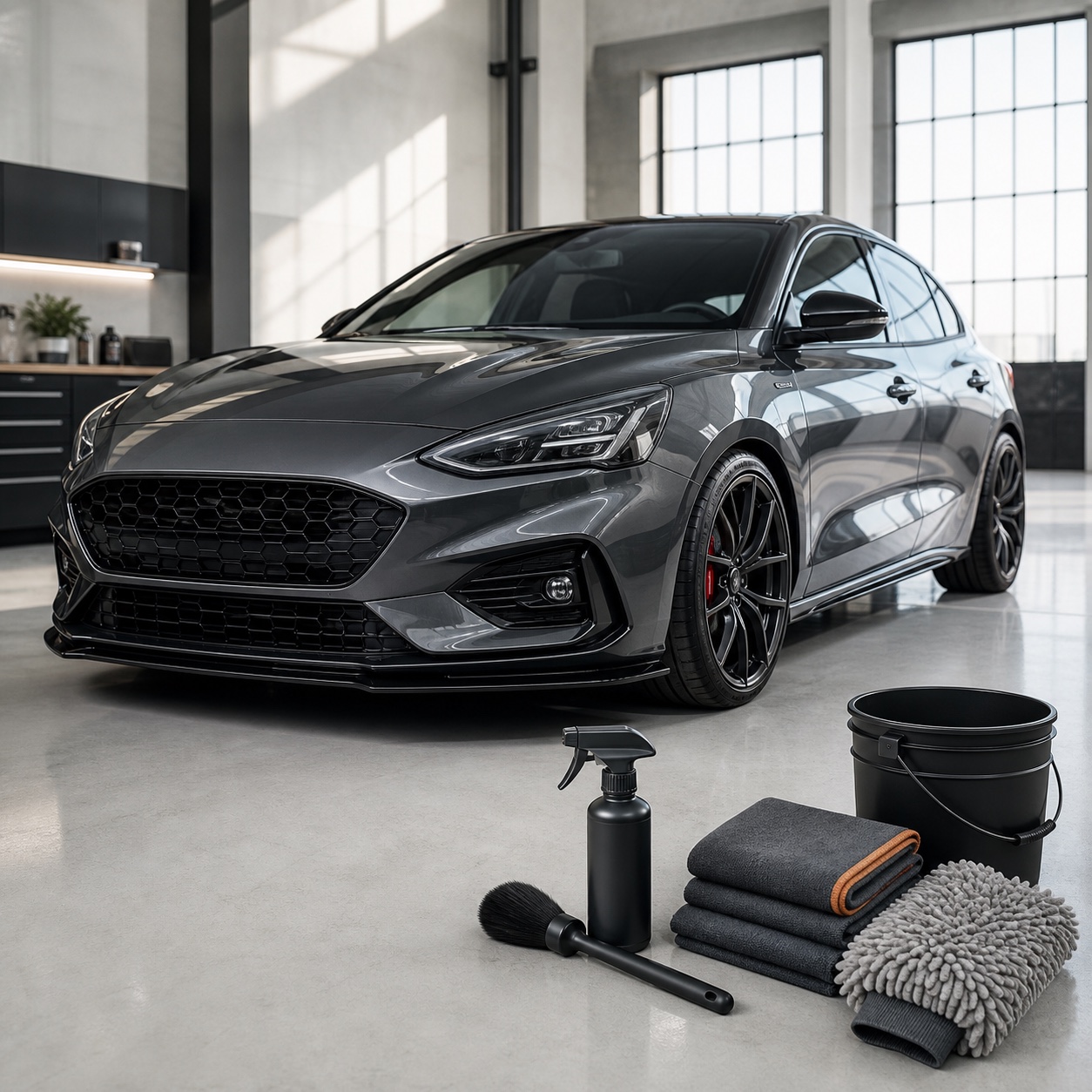 Graphite grey car with neatly arranged car care tools in a bright detailing studio
