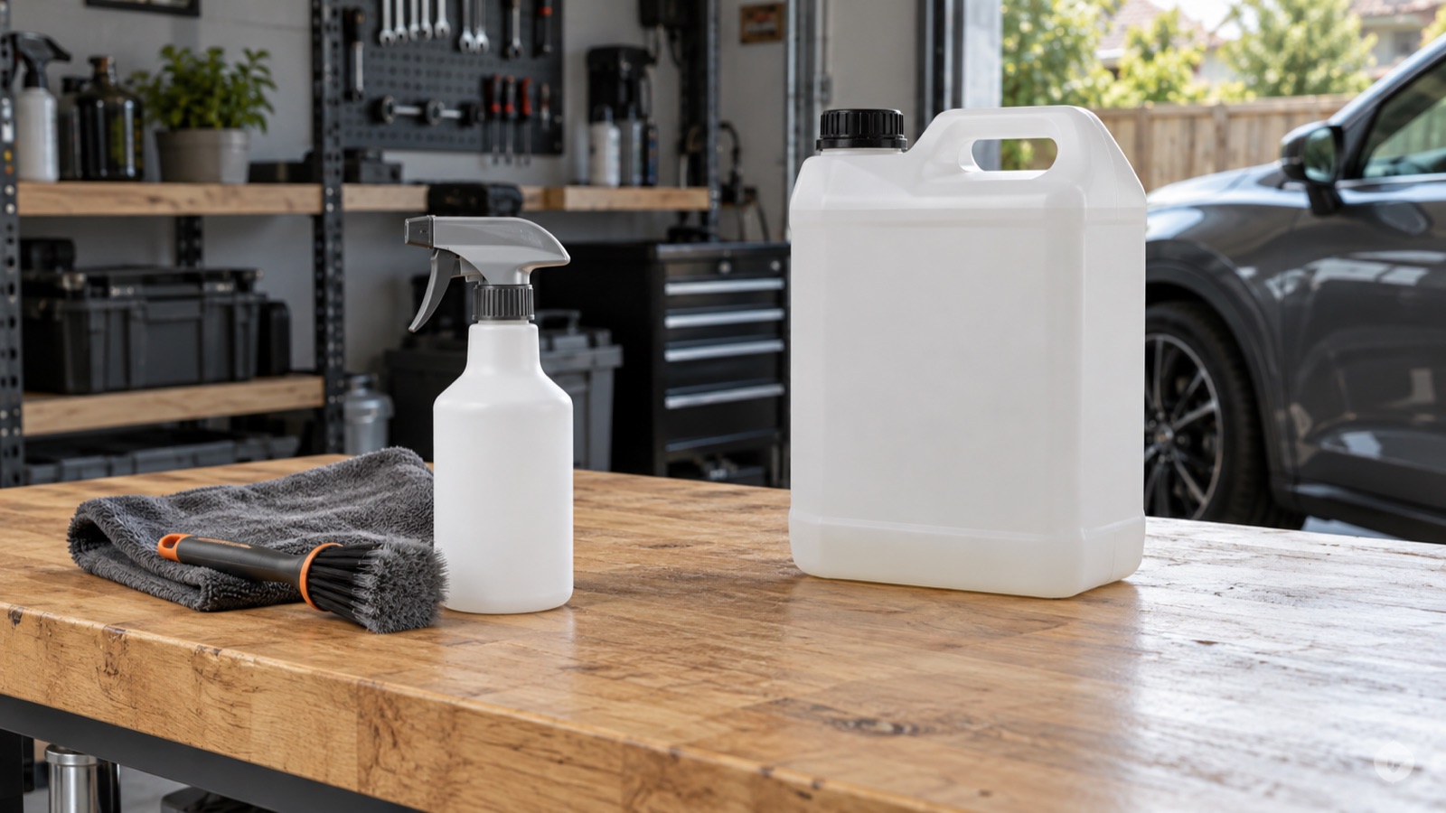 Small trigger bottle and bulk cleaner container on a garage workbench