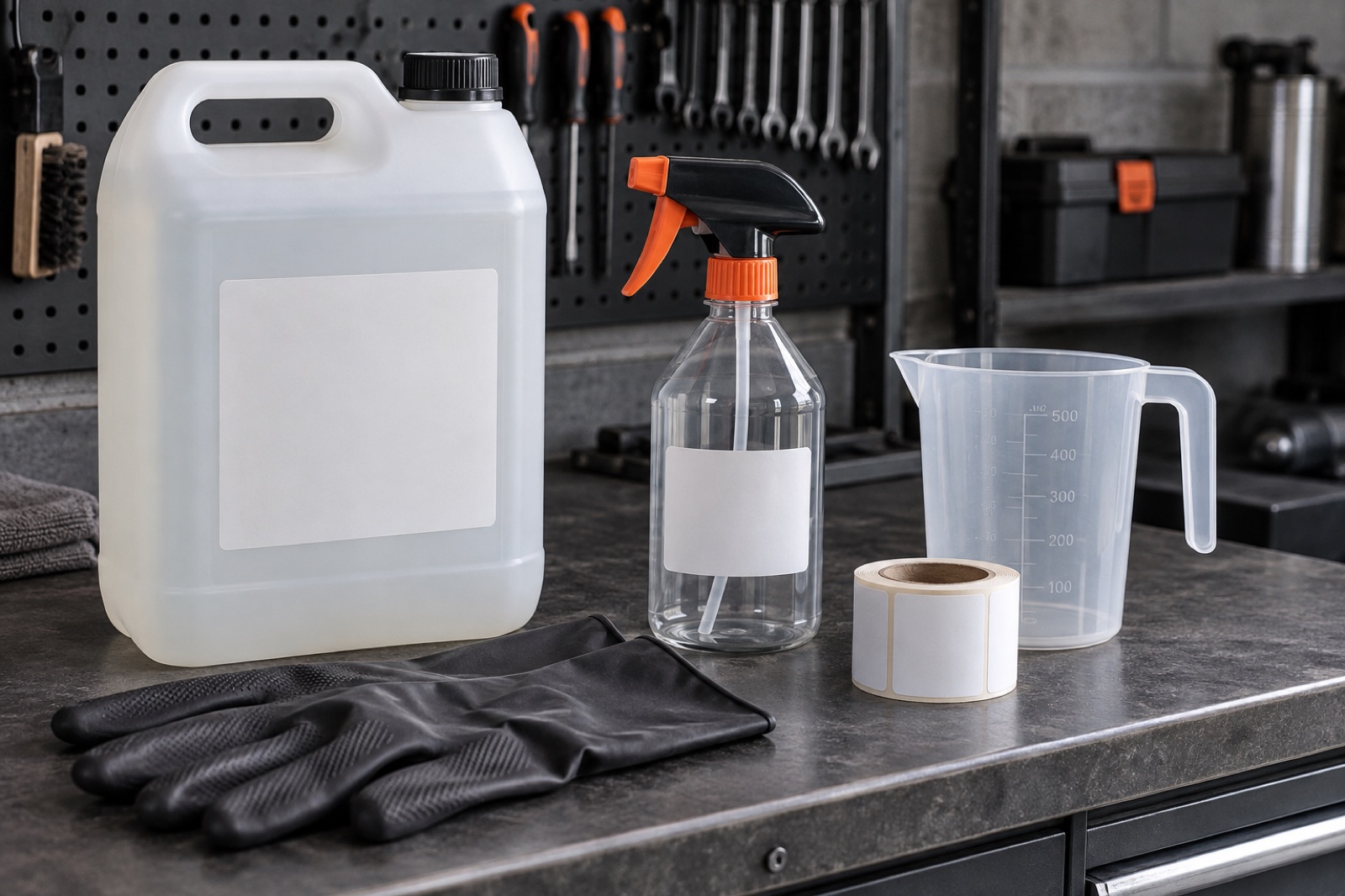 Chemical trigger sprayer, closed refill container and dedicated measuring equipment