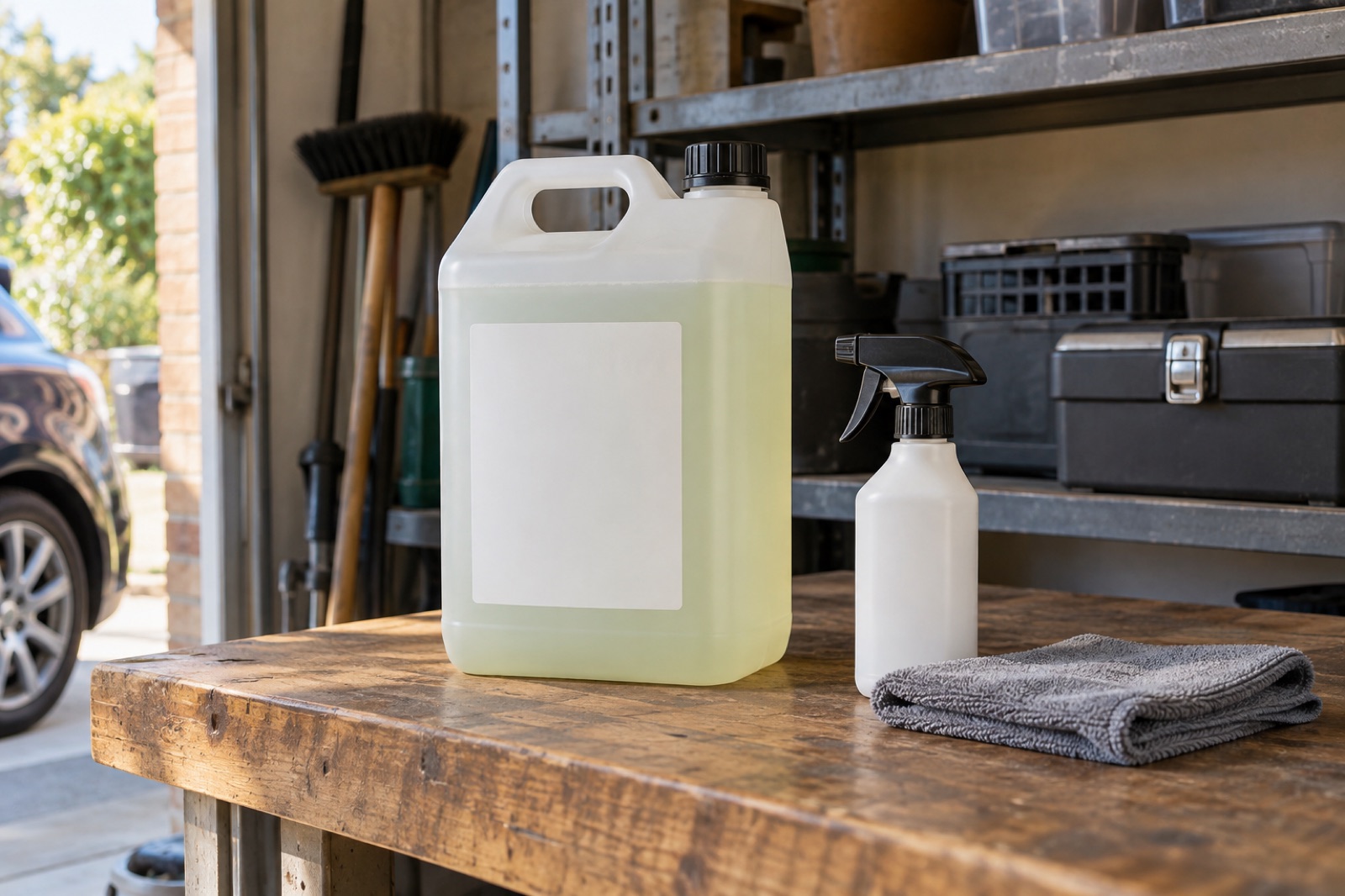 Large closed cleaner container stored behind a small trigger bottle