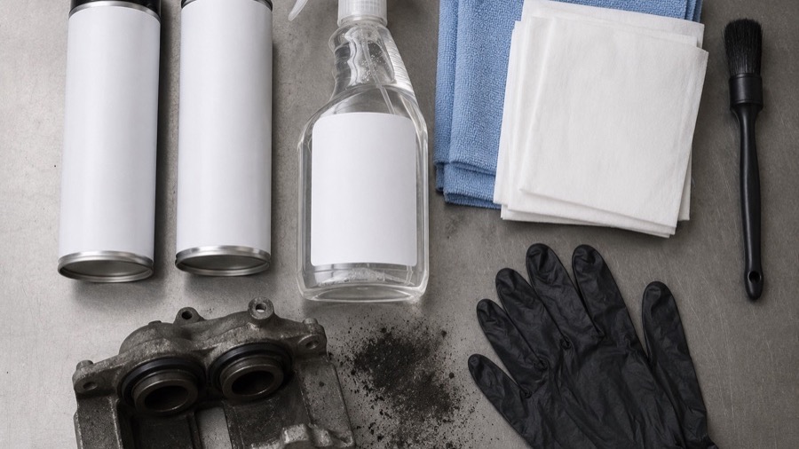 Brake cleaner cans, degreaser bottle, cloths, brush, gloves and brake caliper laid out on a workshop bench