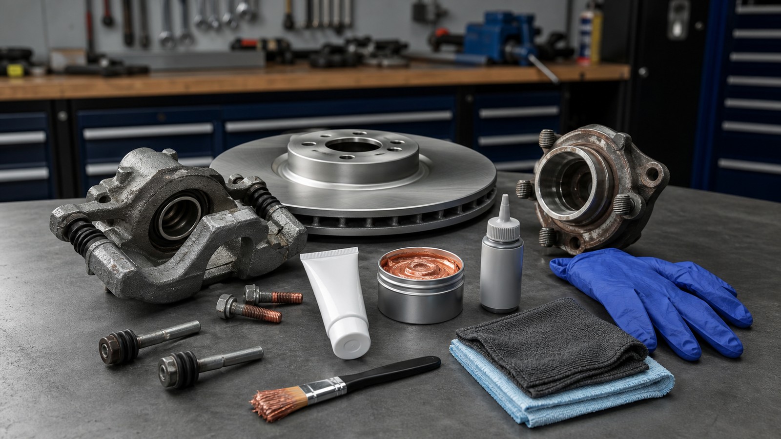 Brake caliper, clean brake disc, wheel hub, brake grease, copper grease, anti-seize, bolts, gloves and cloths on a workshop bench