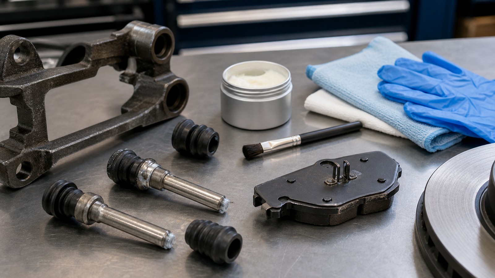 Brake caliper slider pins, rubber boots, pad back, brake grease, brush, cloths and gloves on a clean workshop bench
