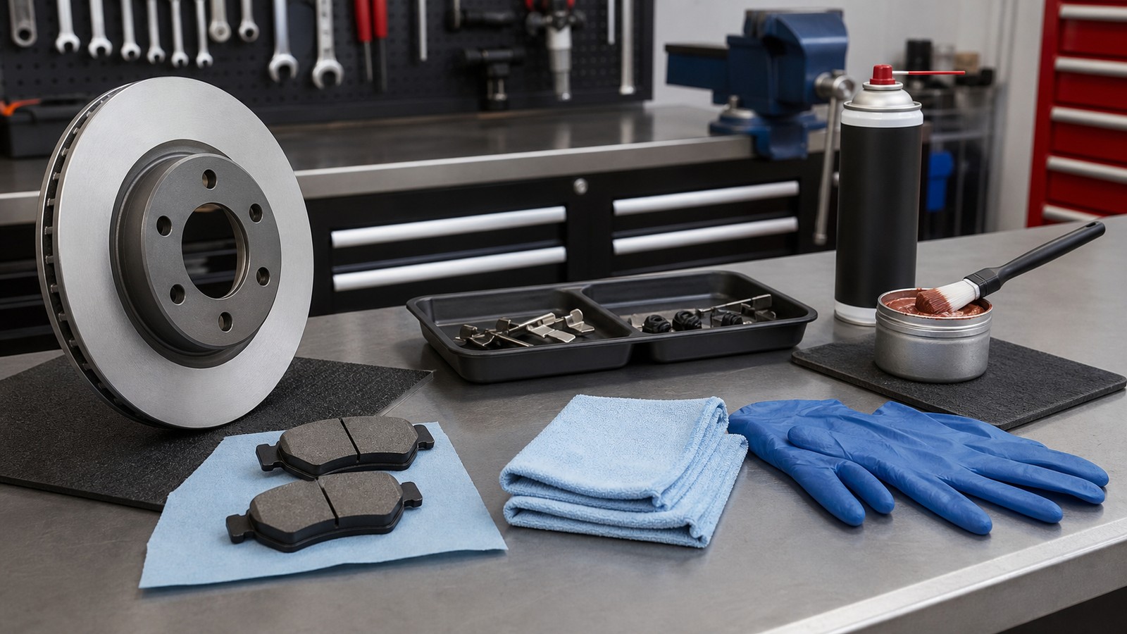 Clean brake disc and pads separated from grease tools, cloths, gloves and brake cleaner on a workshop bench