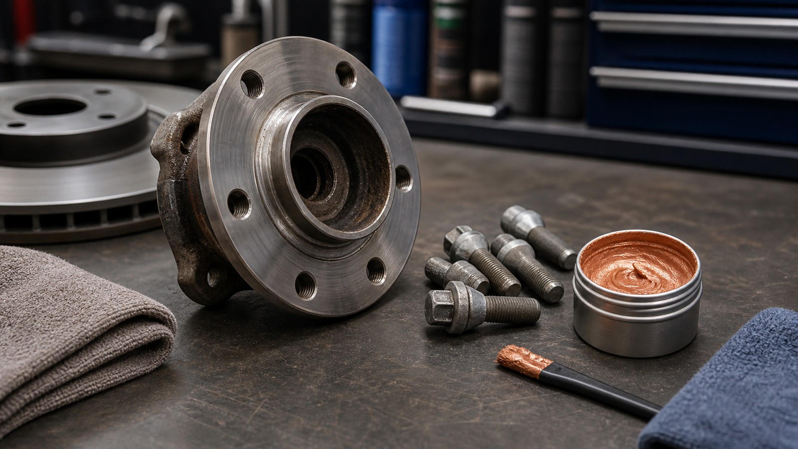 Clean wheel hub, removed metal bolts, copper anti-seize and brush kept away from a clean brake disc