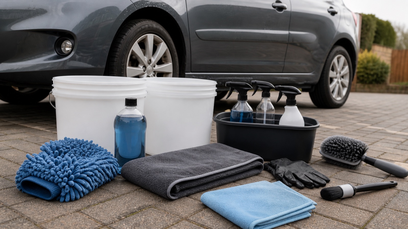 Beginner car cleaning kit with two buckets, shampoo, wash mitt, drying towel, brushes, spray bottles and gloves beside a driveway car