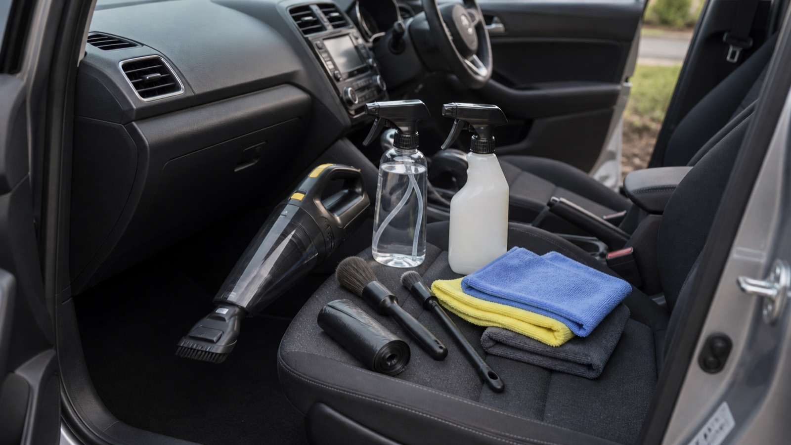 Interior car cleaning starter kit with handheld vacuum, spray bottles, detail brushes, rubbish bags and microfibre cloths on a car seat