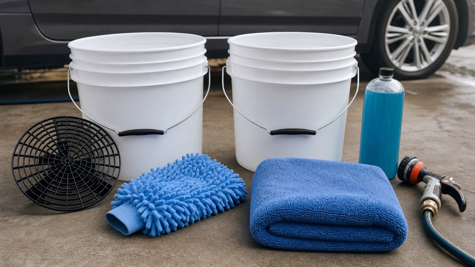 Two-bucket car wash starter setup with shampoo, wash mitt, drying towel, hose nozzle and grit guard on a driveway