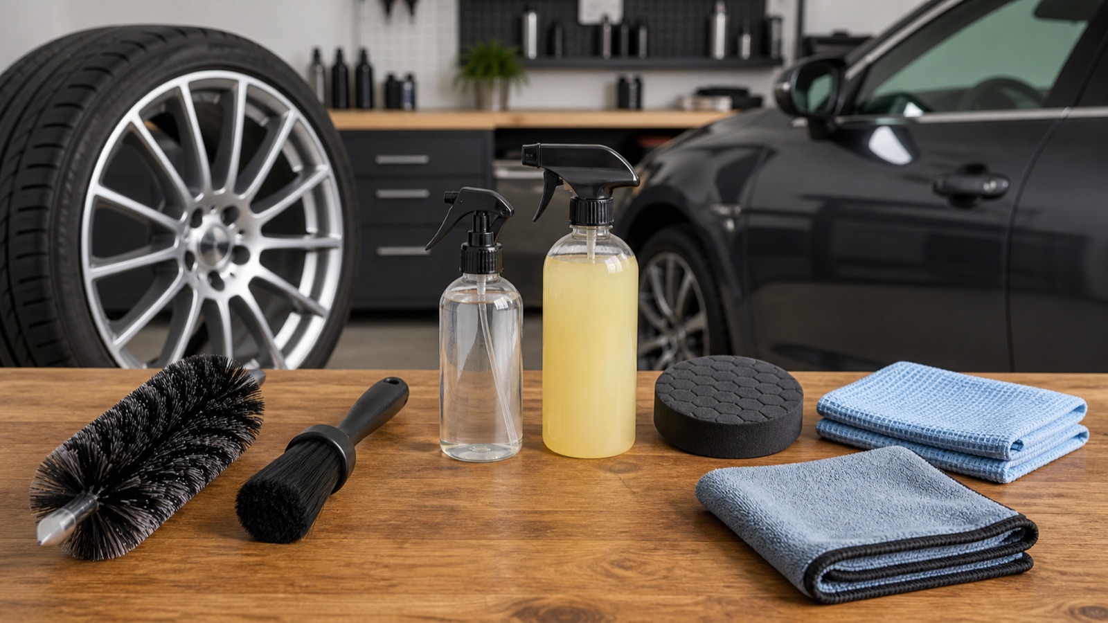 Wheel brush, glass cloths, spray bottles, foam applicator and microfibre towels on a garage bench with a wheel in the background