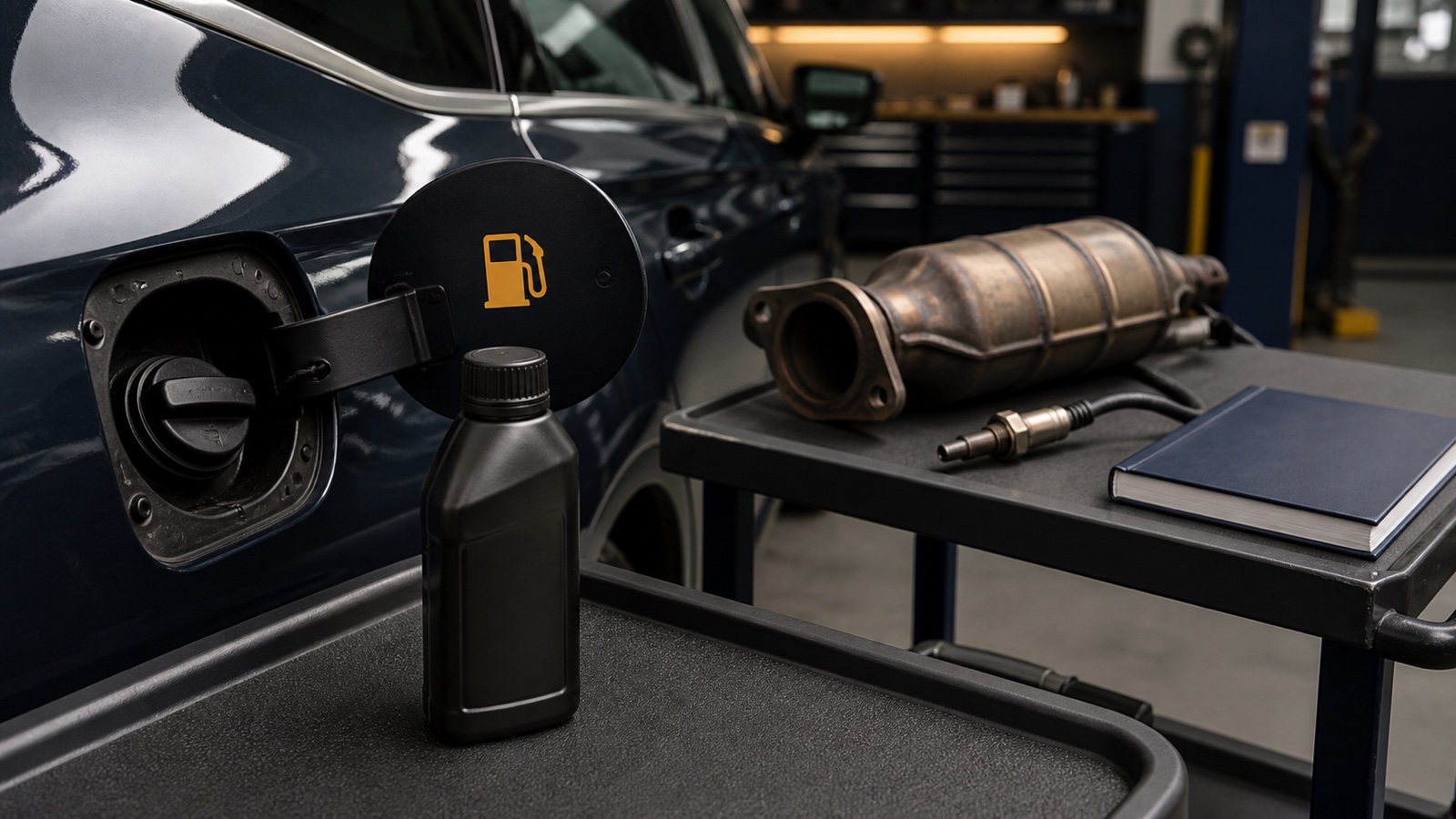 Unbranded fuel additive bottle beside a petrol filler cap, catalytic converter and oxygen sensor for a compatibility check