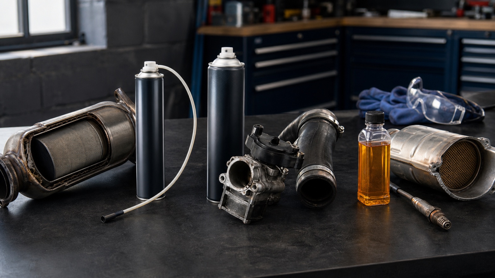 Generic DPF spray, EGR intake aerosol and catalytic-converter fuel additive arranged beside emissions-system components on a workshop bench