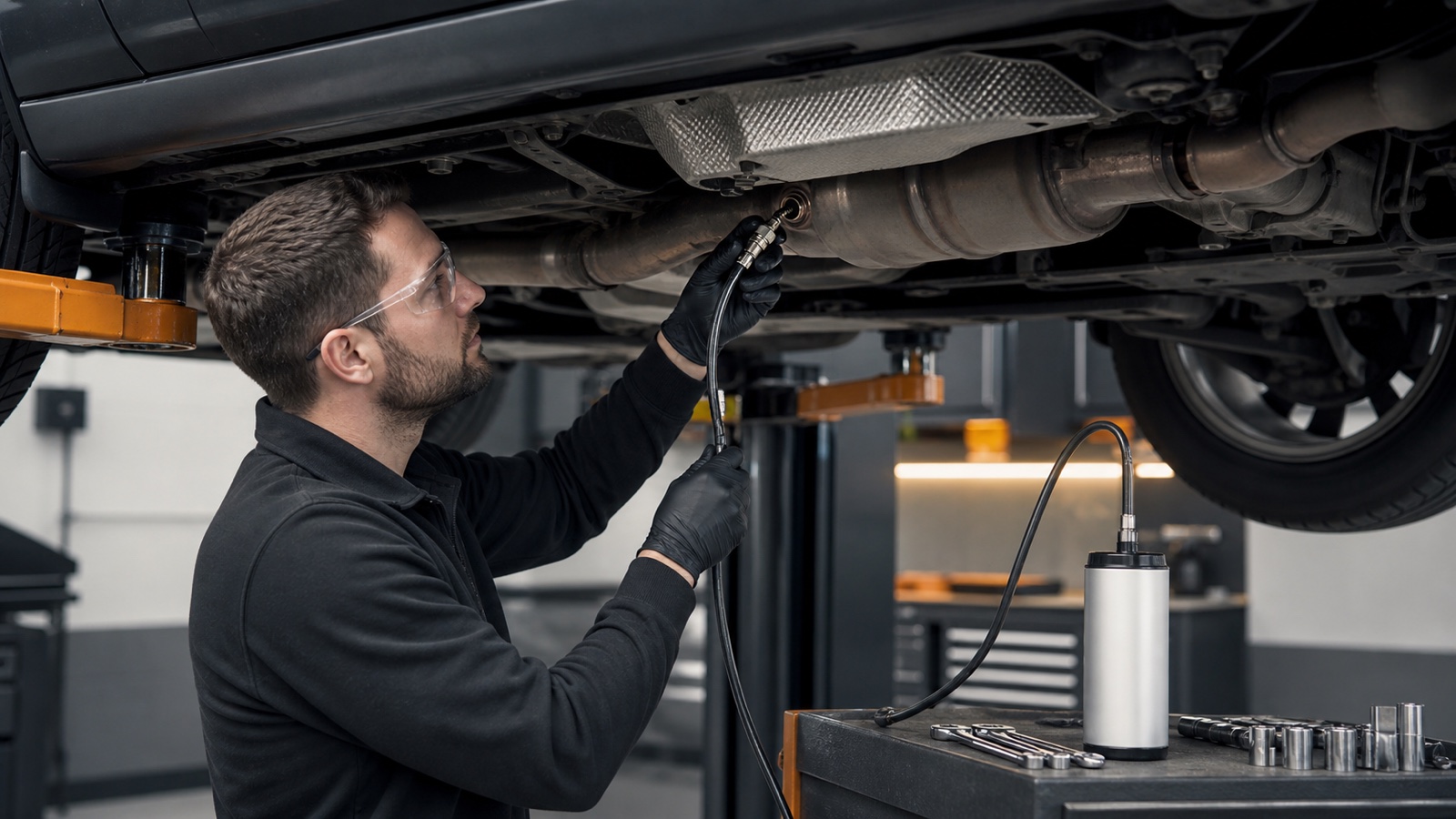 Technician wearing gloves and eye protection preparing a DPF cleaning hose at a removed exhaust sensor access point