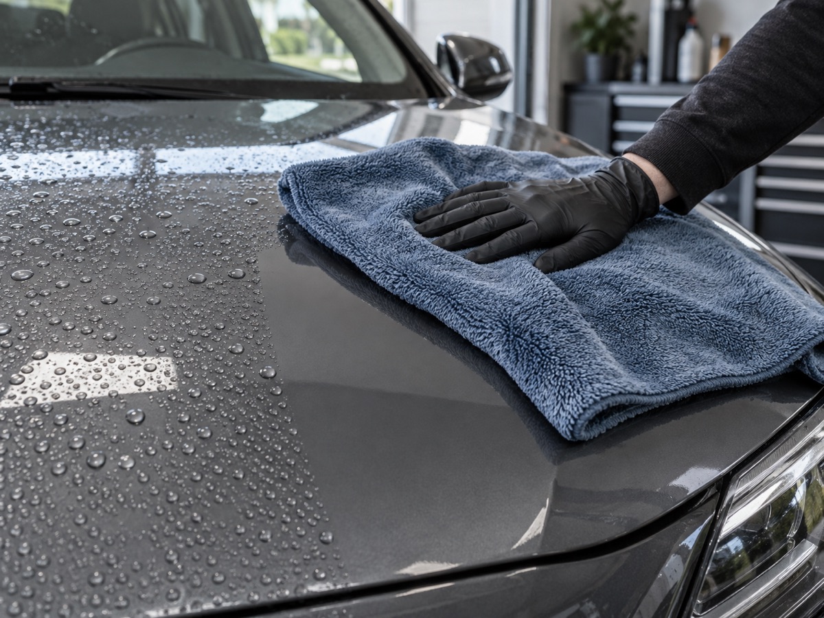 Gloved hand laying a clean microfibre towel on a wet car bonnet