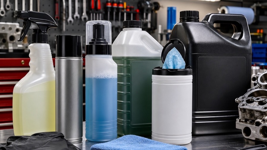 Engine bay cleaner, degreaser and dressing formats laid out beside workshop tools