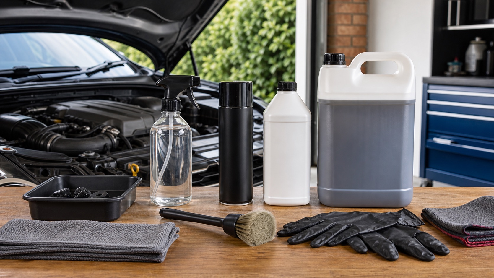 Engine bay cleaning setup with trigger spray, aerosol, concentrate and 5L degreaser formats