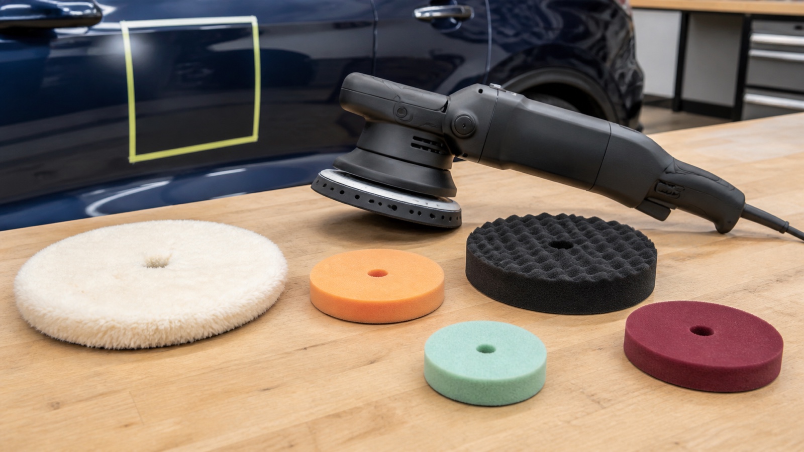 Unbranded dual-action polisher beside clean foam and wool pads of clearly different diameters