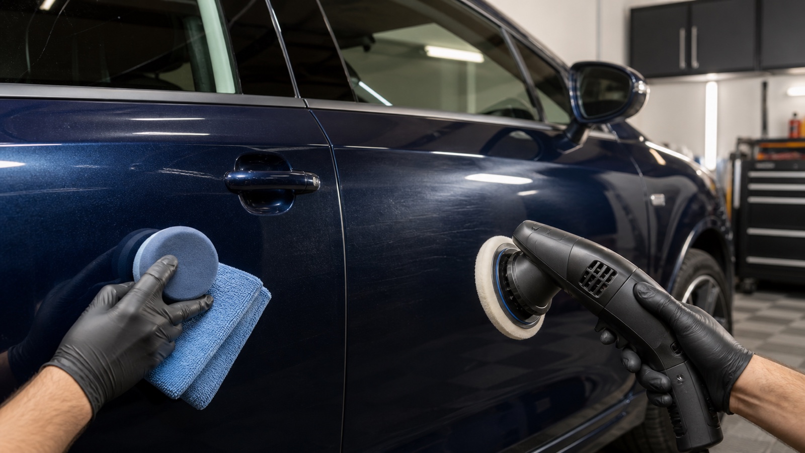 Hand applicator and dual-action polisher arranged beside a clean car panel for a hand-versus-machine polishing comparison