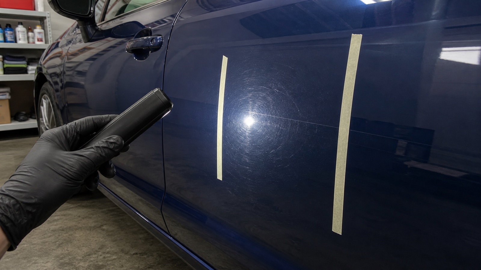 Detailer using a handheld inspection light to check light swirls and a deeper scratch on a clean car panel