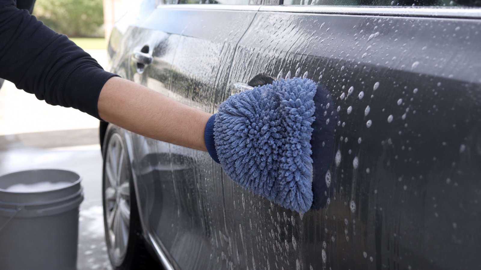 Clean microfibre wash mitt gliding over a wet car panel during the shampoo contact-wash stage